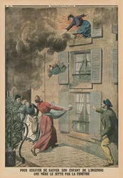 Intentando salvar a su hijo del fuego, una madre lo lanza por la ventana (ilustración de contraportada de 